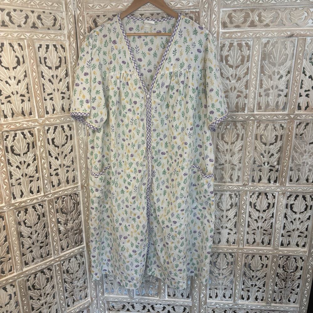 Coffee Time Vintage 90s Floral House Dress Womens Muumuu Full Zip Pockets 2X